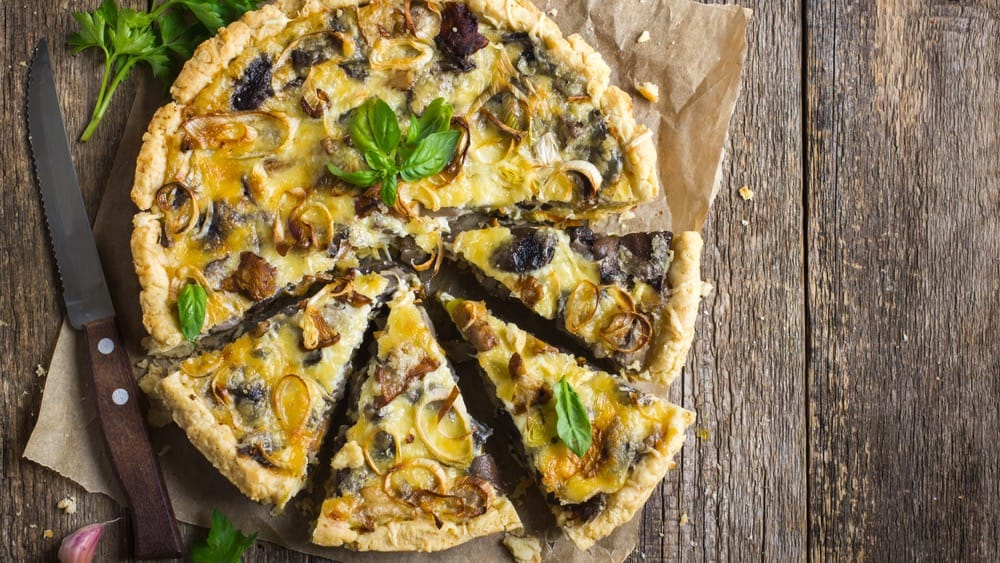 Leek and Mushroom Custard Quiche with Goat Cheese and Gruyére