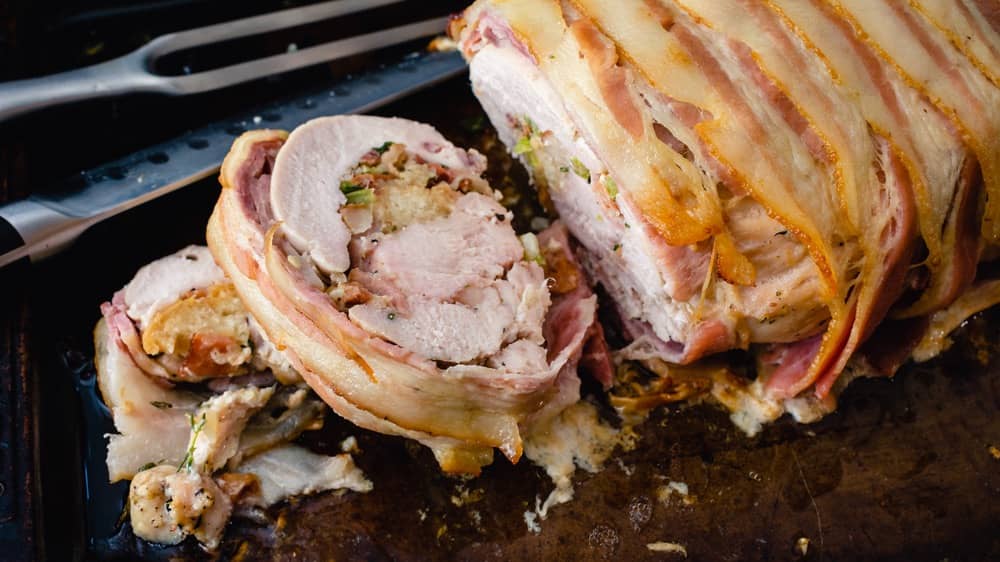 Bacon-Wrapped, Cider-Braised Stuffed Turkey Breast