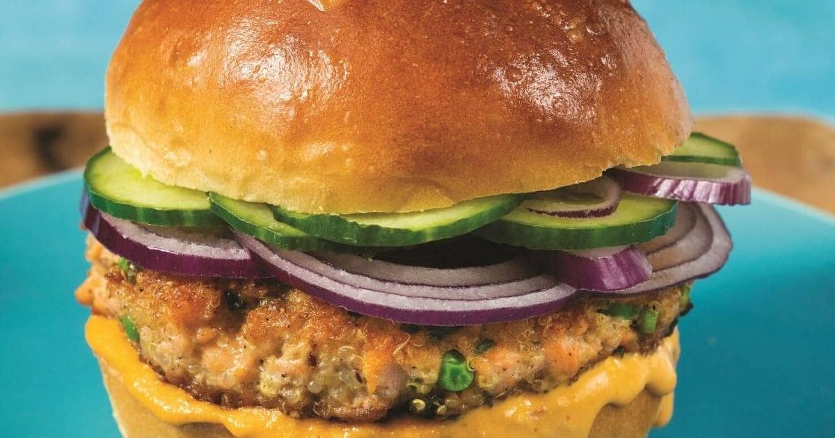 Trout and Quinoa Burgers with Mint and Peas with a Spicy Tahini Mayo | Recipe | Harrowsmith Magazine