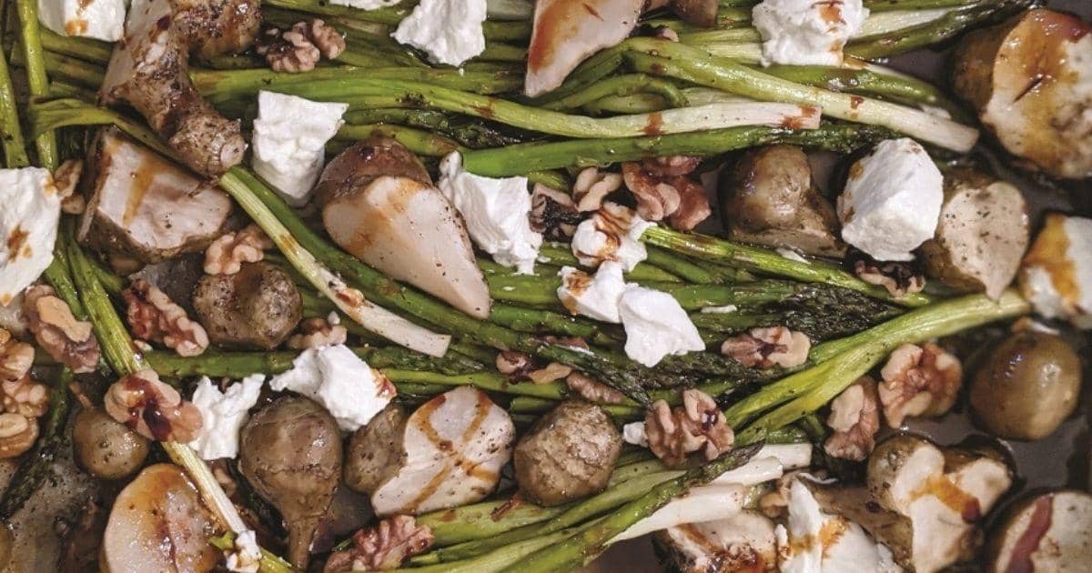 MAPLE-ROASTED SPRING ONIONS, ASPARAGUS, SUNCHOKES AND GOAT CHEESE WITH BIRCH SYRUP