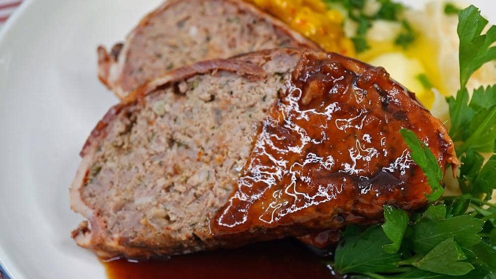 Bacon Wrapped Meatloaf with Whiskey and Cola Glaze